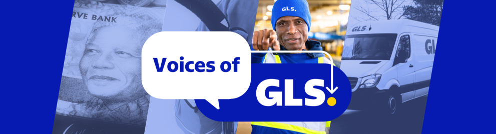 Blue background with images of Nelson Mandela, a hockey player, a GLS employee and a GLS parcel van on which it is written 