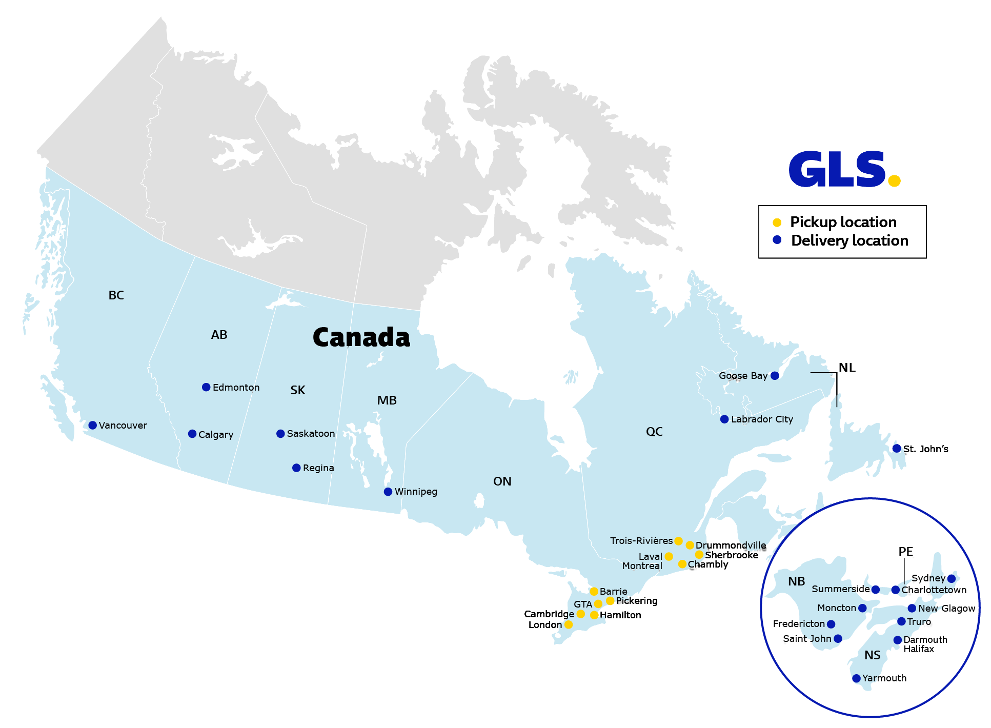 Map of GLS Express pickup and delivery locations in Canada.