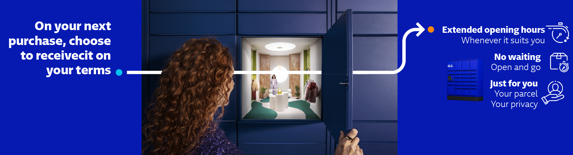 GLS promotional banner showing a person collecting a parcel from an automated parcel locker. Message: 