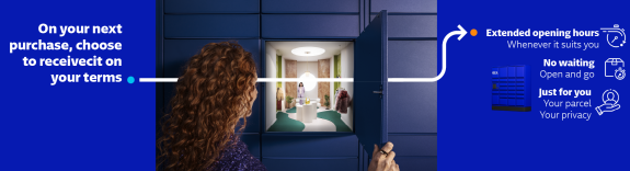 GLS promotional banner showing a person collecting a parcel from an automated parcel locker. Message: 