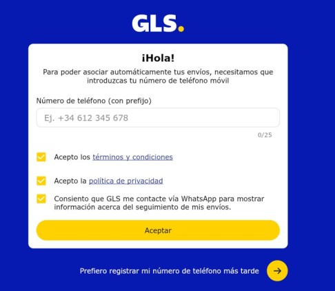 Formulario de GLS para activar notificaciones de seguimiento de envíos por WhatsApp.