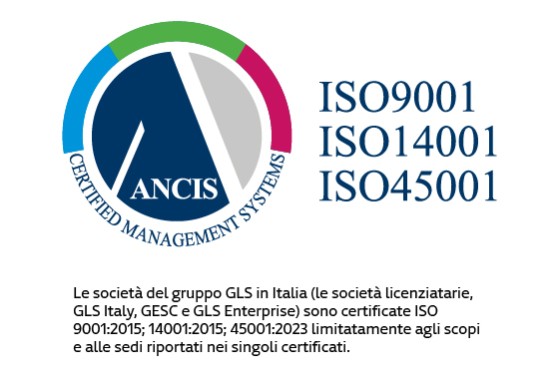 Le società del gruppo GLS in Italia (le società licenziatarie, GLS Italy, GESC e GLS Enterprise) sono certificate ISO 9001:2015; 14001:2015; 45001:2018 limitatamente agli scopi e alle sedi riportati nei singoli certificati